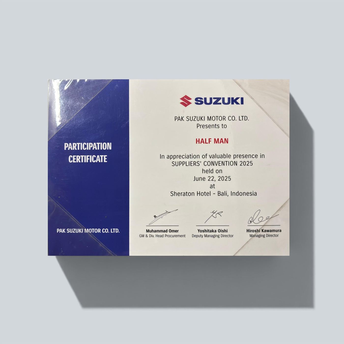 Participation Certificate - Suzuki Suppliers Convention 2025, 2025 - Halfman Engineering